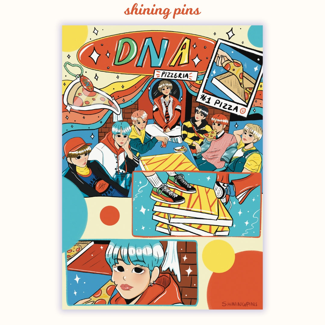 BTS 'DNA Pizzeria' Print Art Prints art prints, bts Shining Pins