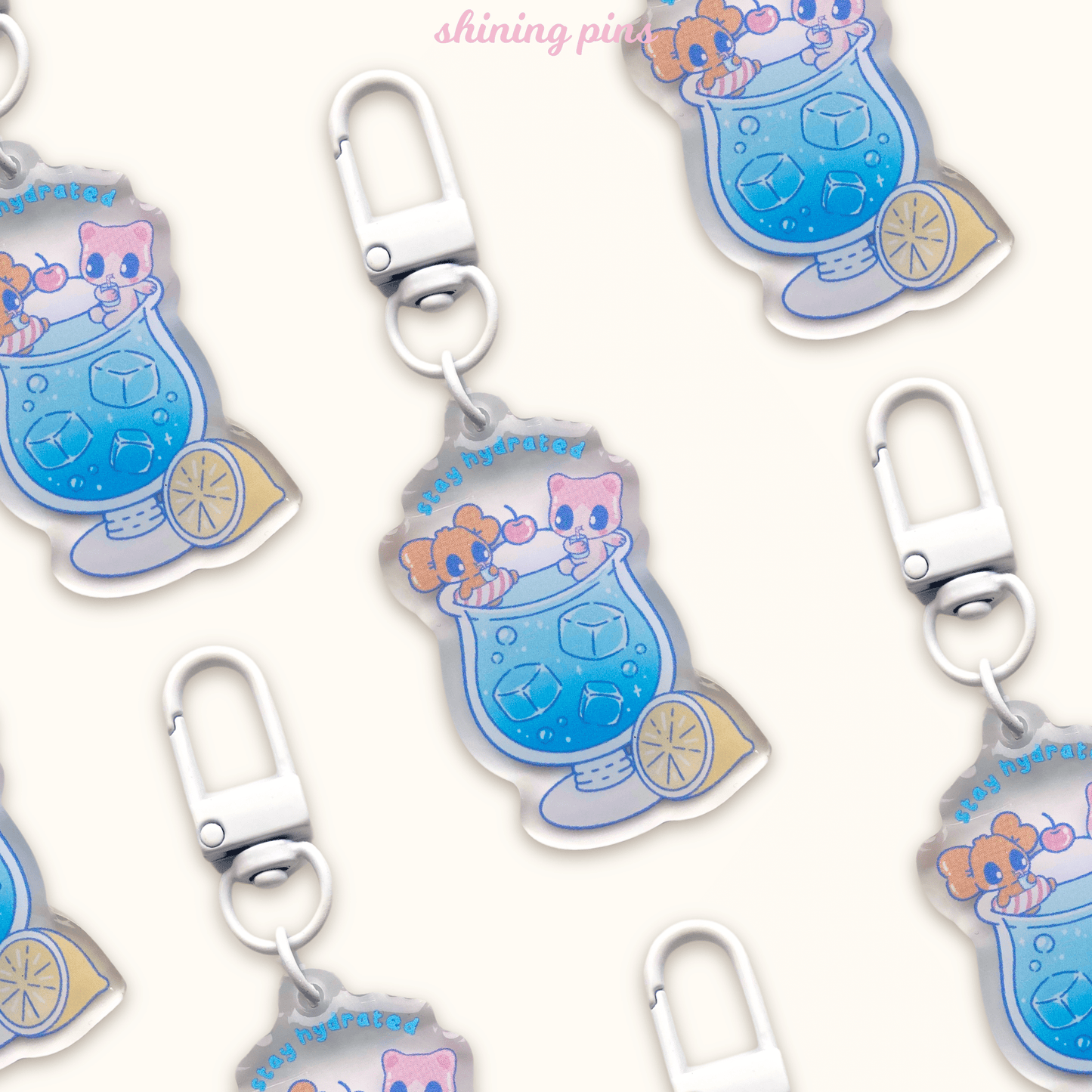 'Stay Hydrated' Kkoongie & Baby Cheese Keychain Art print acrylic keychains & pins, kkoongie and friends Shining Pins