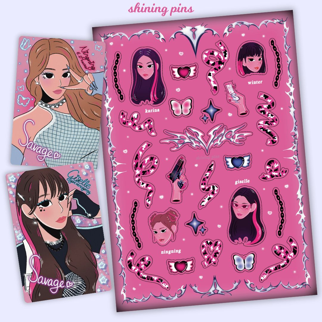 Aespa 'Savage' Sticker Sheet & Photocard Set Stickers and Stationary aespa, low stock, Photocards & Toploaders, stickers & stationary Shining Pins