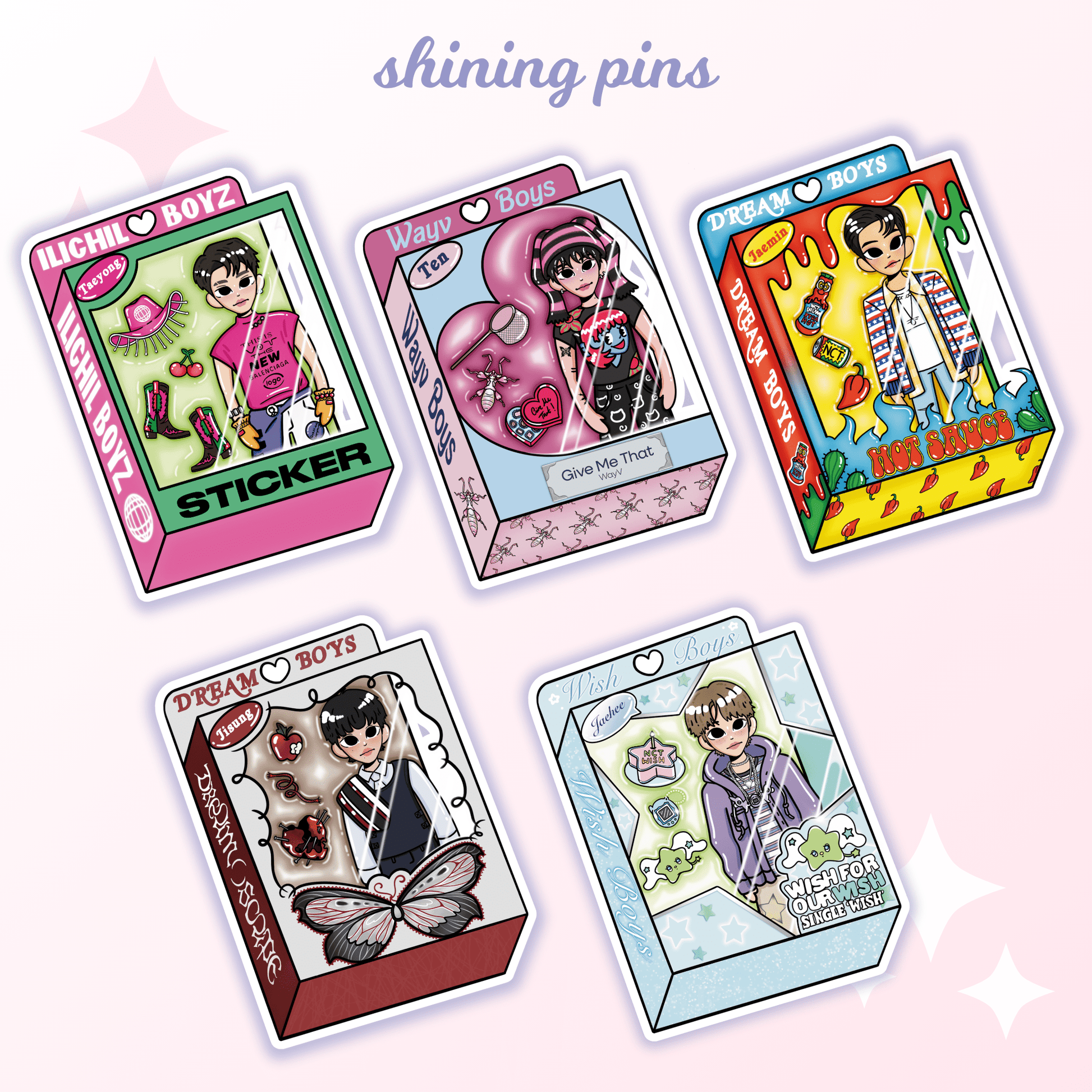 NCT Doll Stickers Stickers and Stationary nct, nct 127, nct dream, nct wish, shop new in, stickers & stationary, wayv Shining Pins